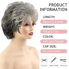 TISHINING Short Grey Curly Wigs for White Women Layered Silver Gray Pixie Cut Wig with Bangs Natural Looking Synthetic Salt and Pepper Wigs for Older Women