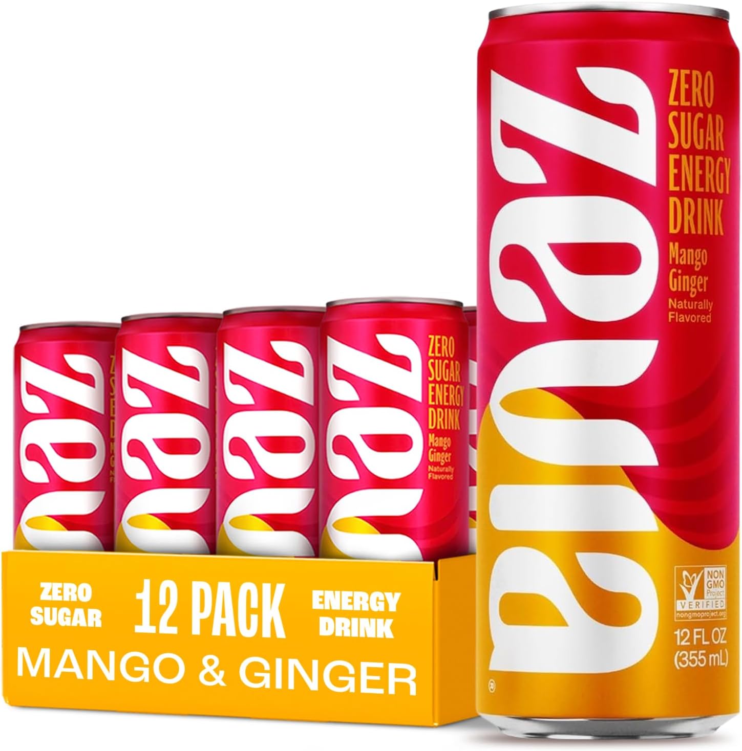 Zevia Zero Sugar Energy Drink, Mango Ginger, 12 oz Cans (12-Pack) – Naturally Sweetened, Zero Calorie Sugar Free Energy - Non-GMO Project Verified, Gluten-Free, Vegan