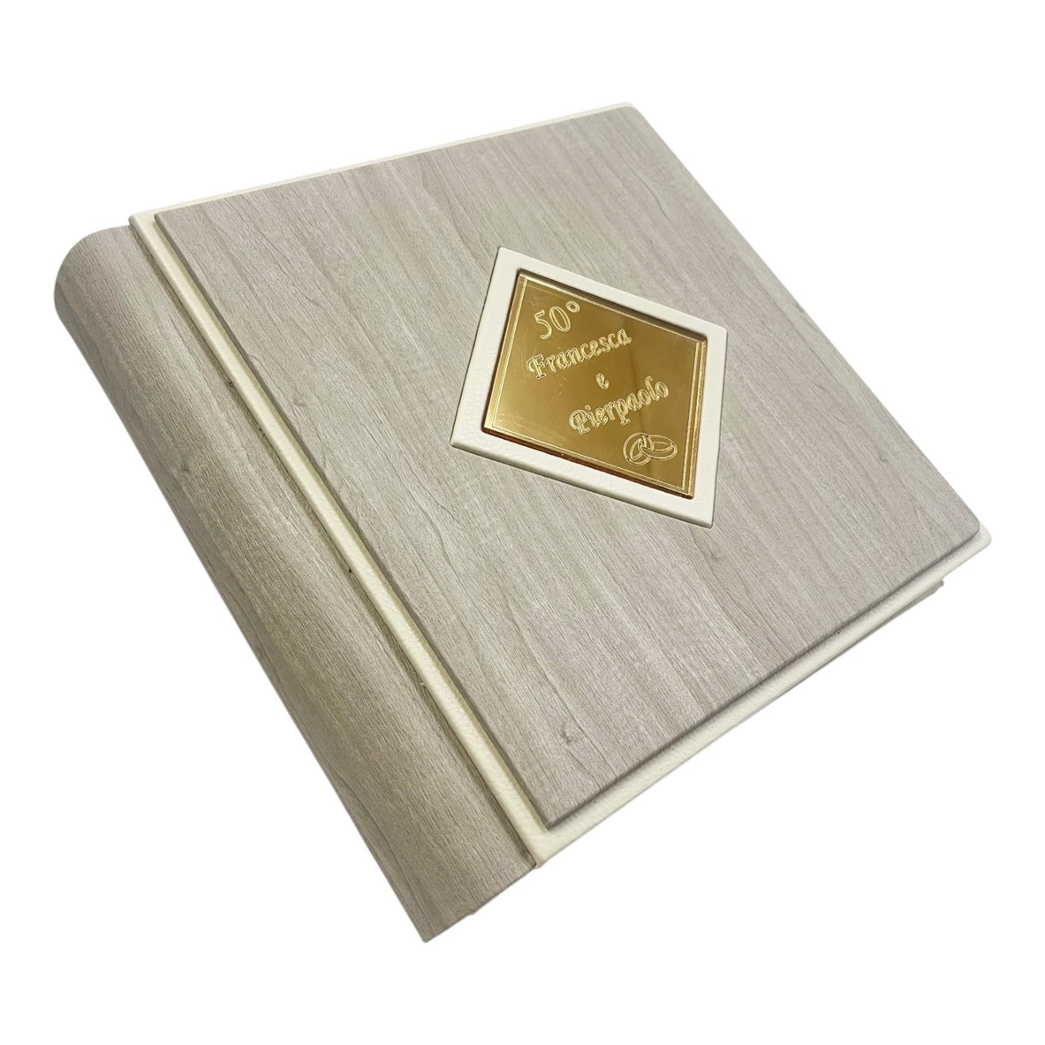Album Fotografico Artigianale -Zenith Onda- in ecopelle effetto legno con profili a contrasto, Rombo centrale a specchio Personalizzabile, Matrimonio,Anniversario,Comunione,Eventi (Ghiaccio)