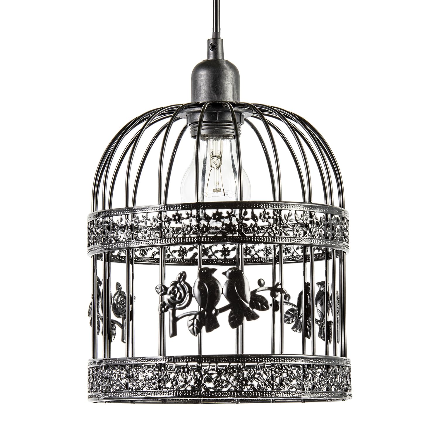 Happy Homewares Black Shabby Chic Shiny Gloss Birdcage Pendant Shade With 3D Flowers And Birds | 23Cm X 20Cm | For Bedroom Dining Room Lounge Etc By
