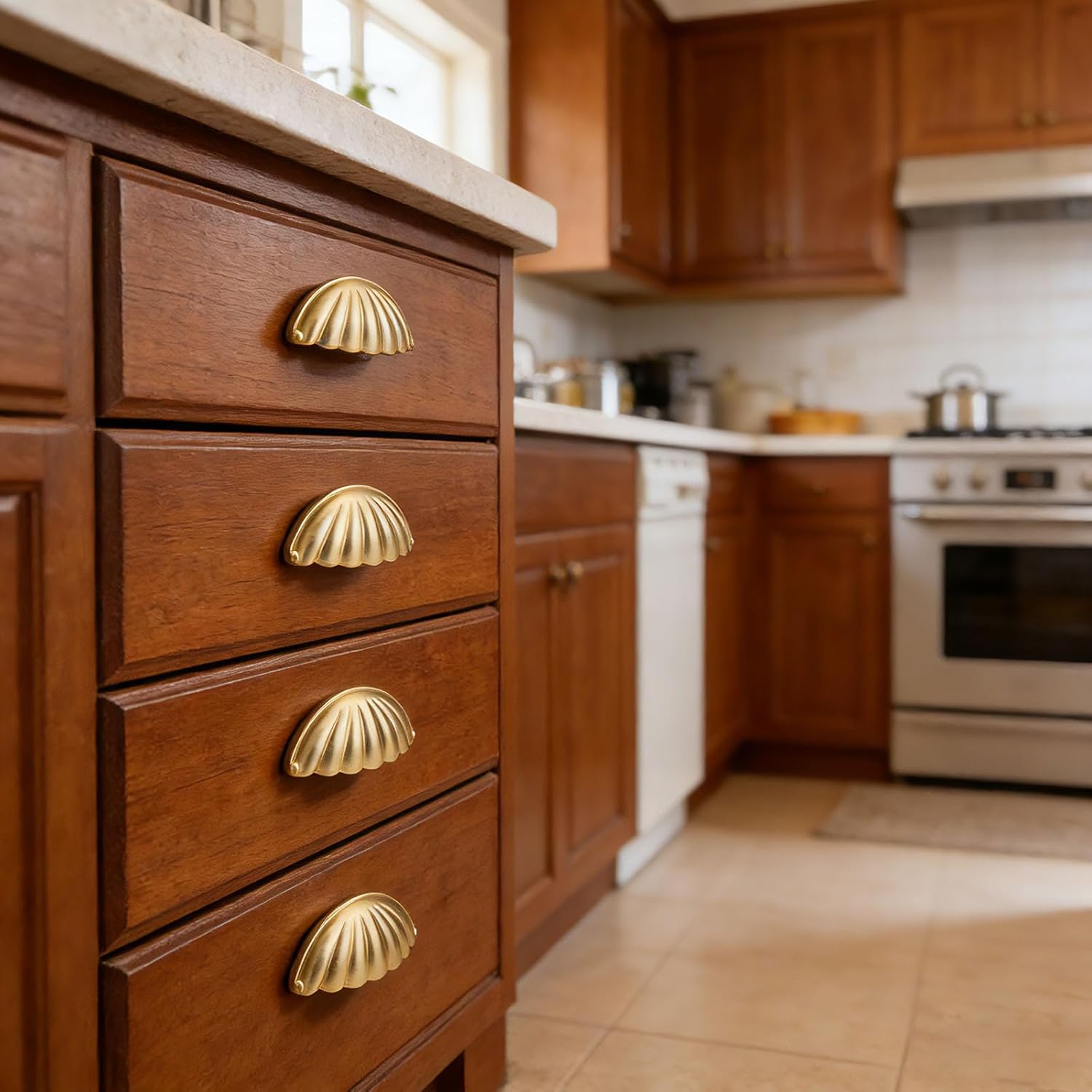 Shell Cup Handles Vintage Semi Circle Cabinet Knobs for Furniture Kitchen Cupboard Dresser Drawer Door Decorative Knob Double Hole Drawer Pulls 4 Pcs (Gold)