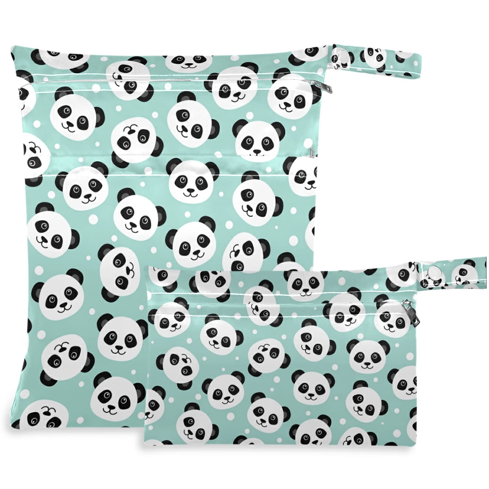 visesunny 2Pcs Wet Bag with Zippered Pockets Cute Panda Face Animal Washable Reusable Roomy for Travel,Beach,Pool,Daycare,Stroller,Diapers,Dirty Gym Clothes, Wet Swimsuits, Toiletries