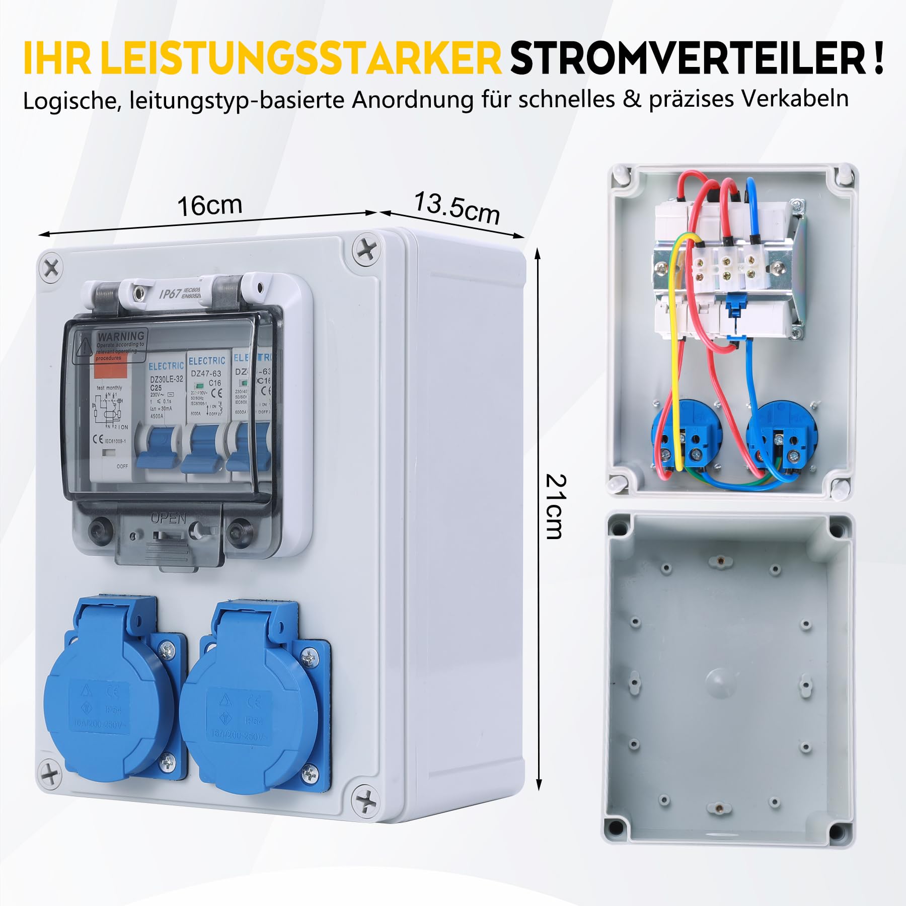 VAYALT Distribuidor de pared precableado, distribuidor de corriente para obras con interruptor FI, 25 A+LS, interruptor de protección 16 A, 2 enchufes Schuko de 230 V, carcasa resistente al agua IP67