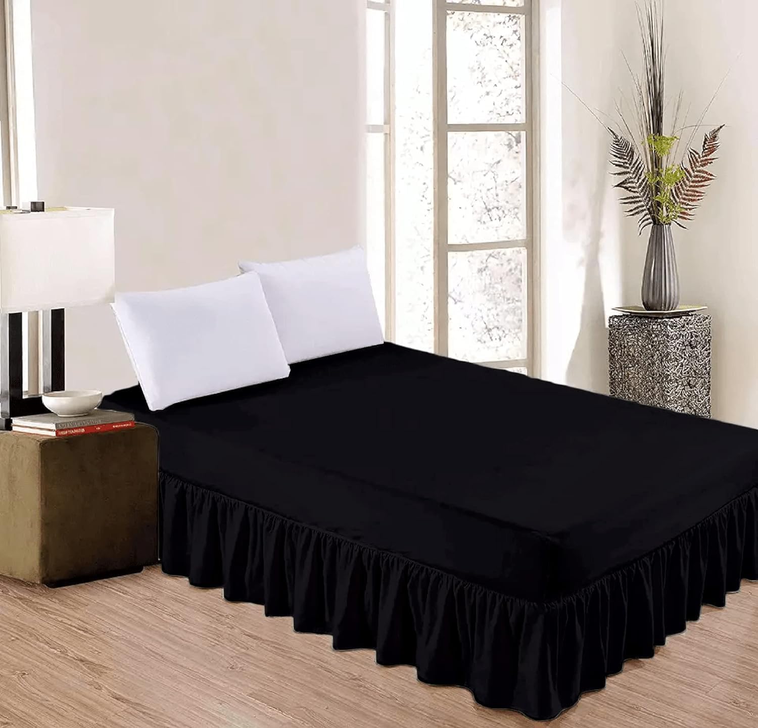 Bella Nights Valance Sheet Percale Polycotton Extra Deep Frilled Valance Fitted Bed Sheet (Black, Double)