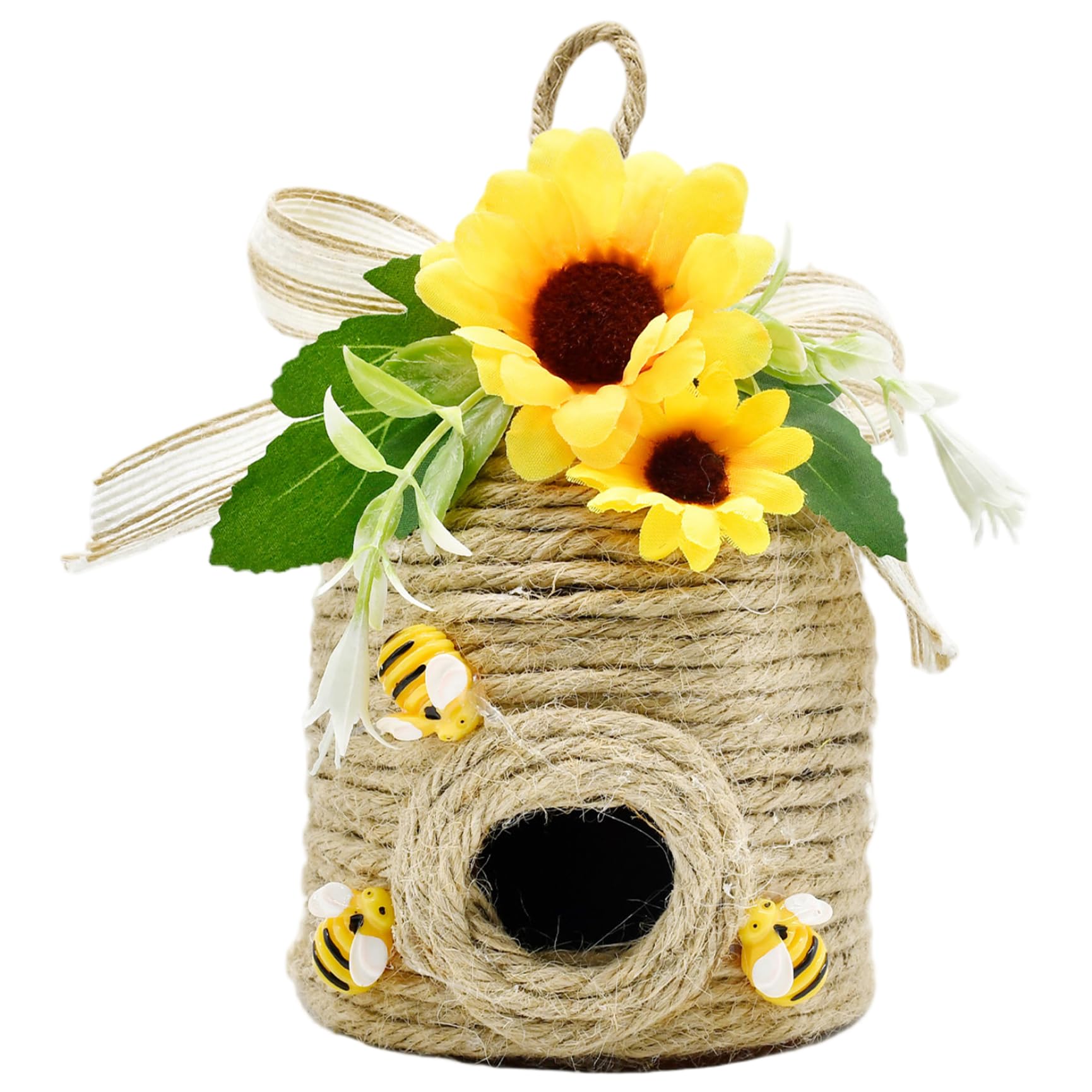 Vervevum Bee Hive Decor, Natural Beehive Decor with Sunflower, Rustic Bee House Decorations for Spring/Summer Home Farmhouse Kitchen Table Tiered Tray, Beehive