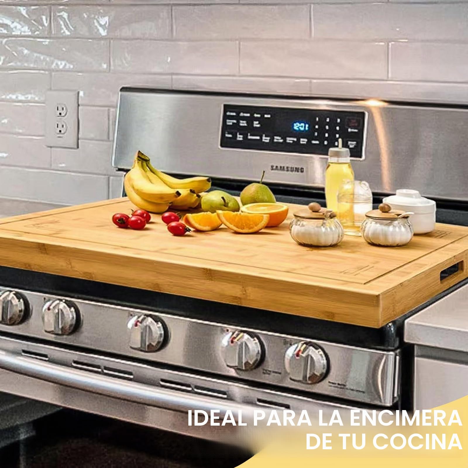 KATKLIU Tabla de Cortar Grande de Bambú 75×55 cm con Asas – Cubierta de Encimera Reversible para Cocina de Gas o Inducción, Protector de Superficie Fácil de Limpiar