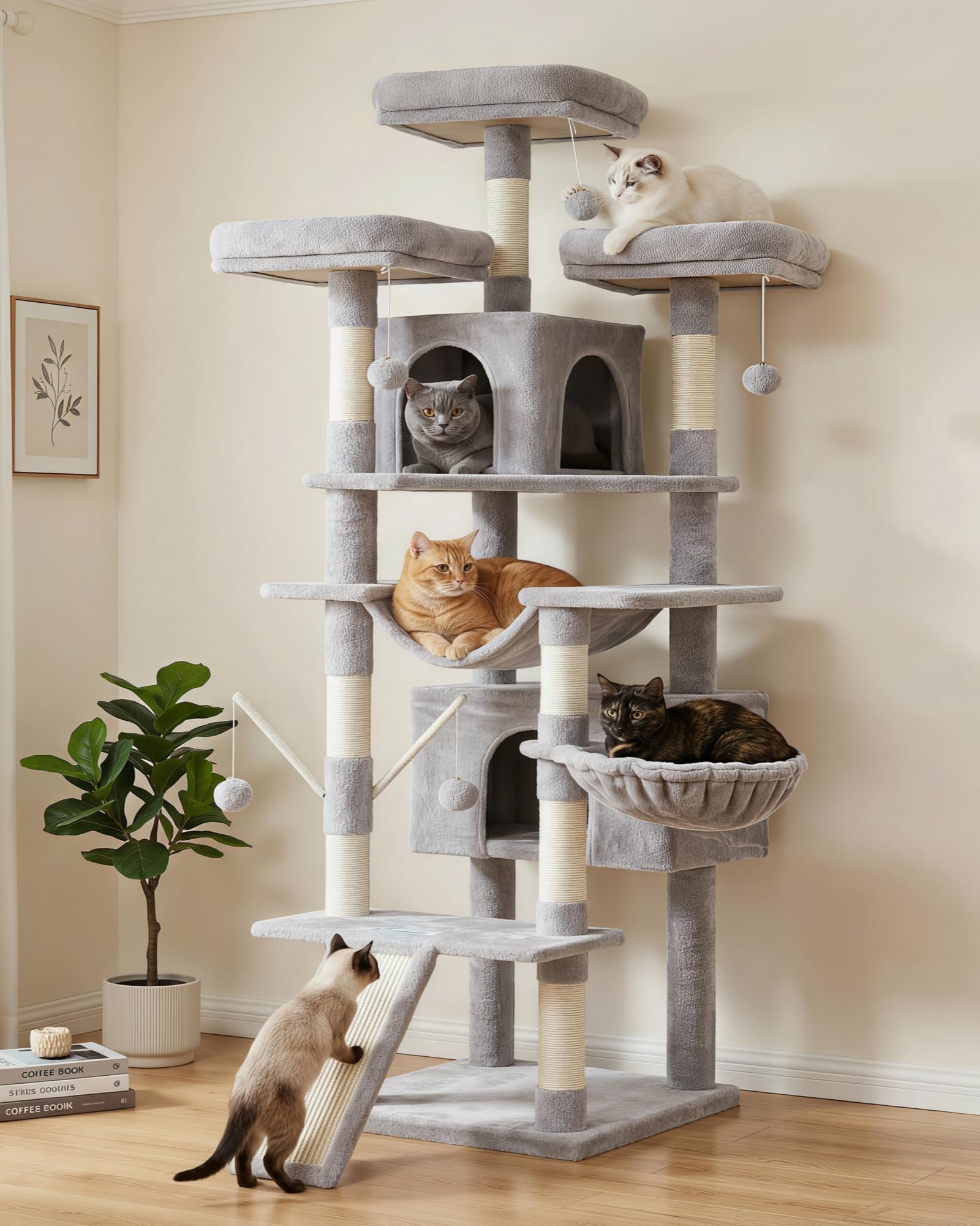 Hey-brother Kratzbaum groß, 180 cm XXL Katzenbaum, Kratzbaum Grosse Katzen Stabil mit Sisalseil, große Kratzbrett, Korb, 3 Plattform and 2 Haus, Hellgrau EMPJ034W