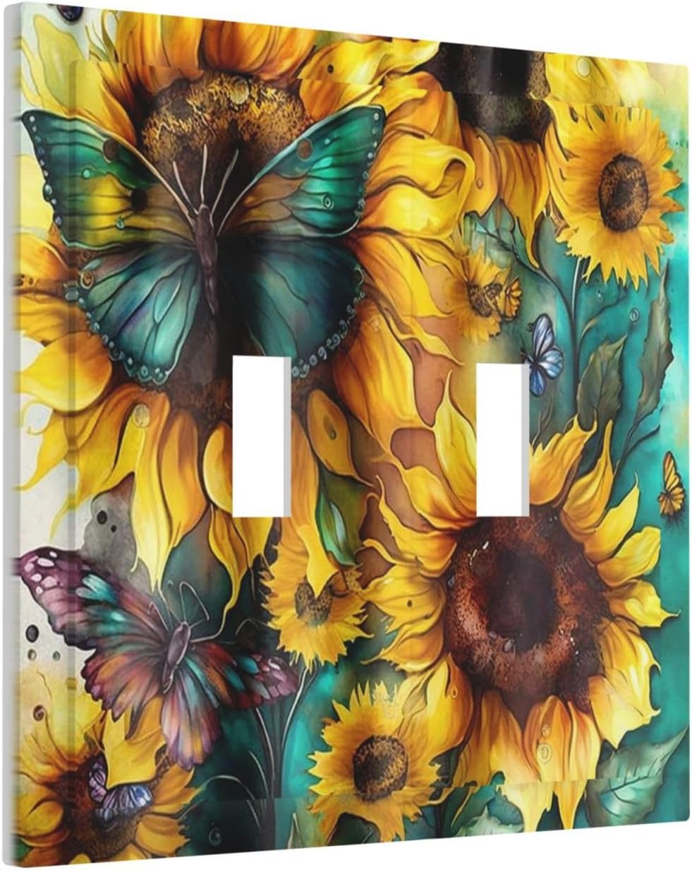 Yellow Sunflowers Green Teal Butterfly Double Toggle Light Switch Cover Decorative 2 Gang Wall Plate Rustic Botanical Floral Dual Device Electrical Switchplate for Farmhouse Bathroom Decor image 2