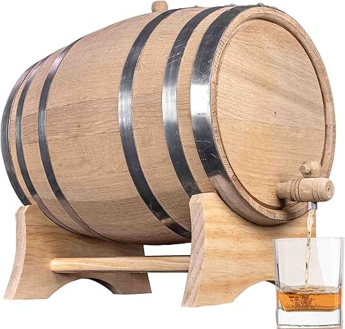 Barril de envejecimiento de roble de 1 galón (Serie de destilería - aros de acero, sin barnizar) con soporte de madera, boung y espita - Barriles de