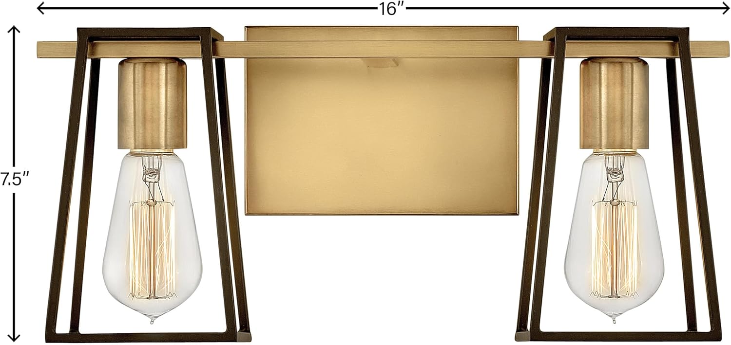 Hinkley Filmore Two Light Bath Vanity Fixture, Modern Industrial Trapezoid Open Cage, Mount Up or Down, in Heritage Brass and Oil Rubbed Bronze Accents