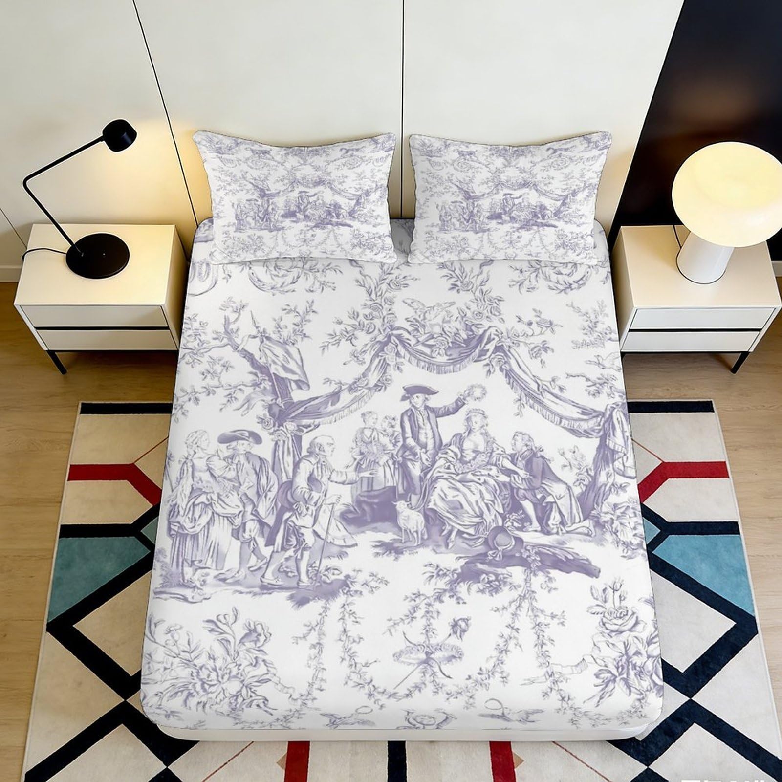 3D Printed Pastoral Toile Fitted Sheet Microfiber Soft Breathable Vintage Landscape Bed Cover for Bedroom Guest Room Decor 90x200x25cm