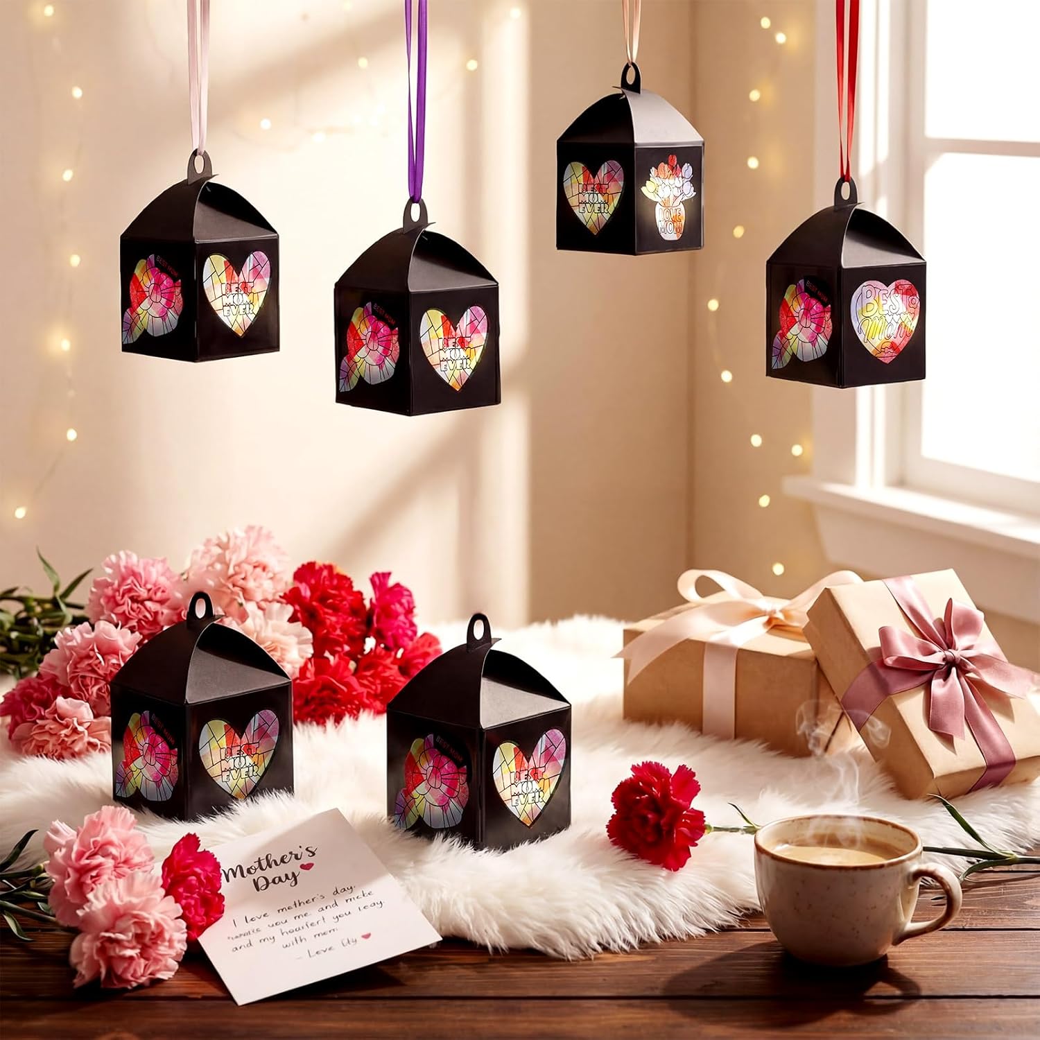 Maitys 16 Sets Mother's Day Paper Lantern Craft Kits, DIY Best Mom Heart Shaped Floral Patterns Lanterns with Colored Tissue Paper for Party Activities Ornaments