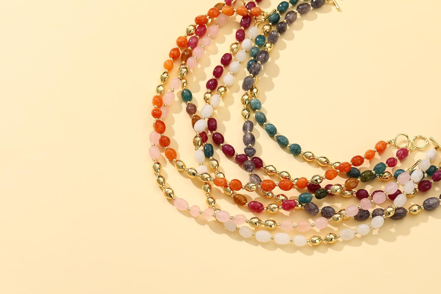 Beaded Necklace for Women, Colorful Gemstone Choker, 14K Gold Plated Stackable Handmade Necklace Oval Stone Jewelry Gift - Image 5