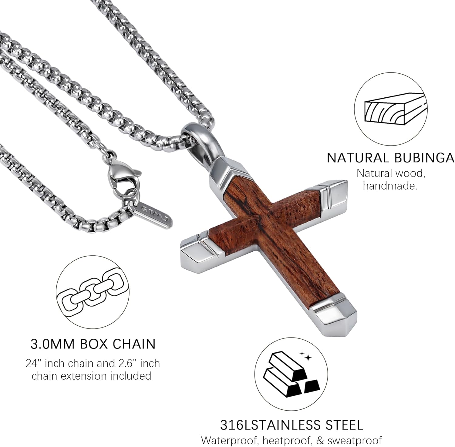 Cross Necklace for Men -Stainless Steel & Wood Adjustable Box Chain 24-26in, Spiritual Jewelry Gift for Him, Everyday Wear - Image 6