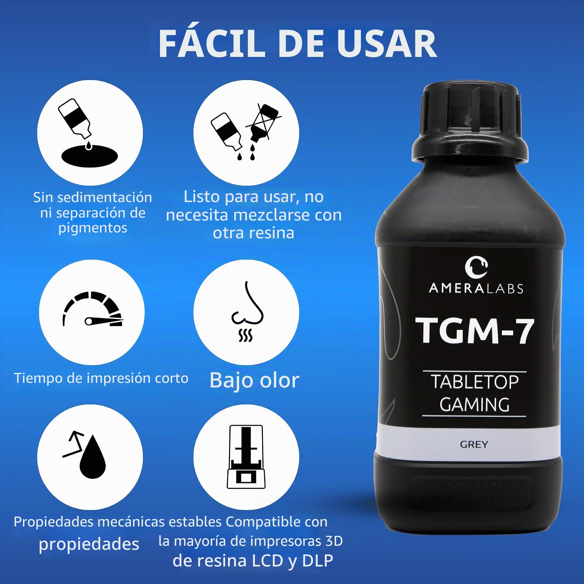 TGM-7 Resina de Wargaming 3D para miniaturas de Mesa, Resistente, Alta resolución, bajo Olor, líquido de impresión 3D de curado rápido para impresoras 3D 4K/8K/12K LCD/DLP/SLA, 1L (Gris)