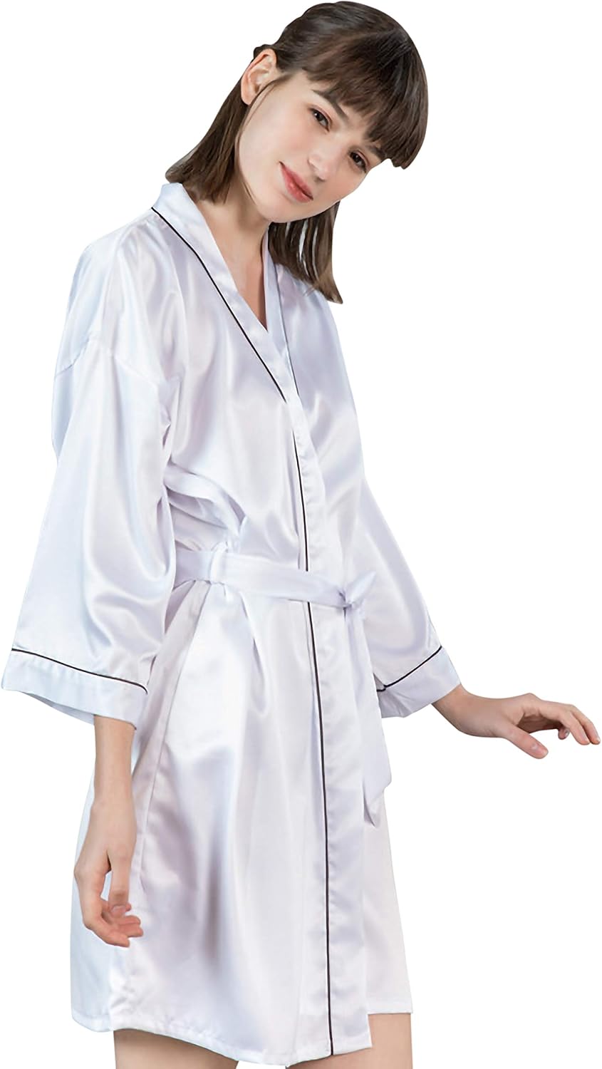 Peignoir Femme RSLOVE Kimono Satin Court Dentelle - Nuisette Mariée Avec Ceinture