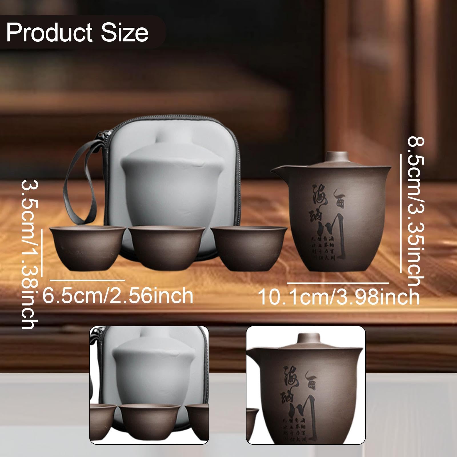 Menolana Travel Porcelain Tea Pot Set with 3 Teacups Sleek with Carrying Bag Portable Kungfu Teapot Set for Birthday Gift Picnics Home, Hai