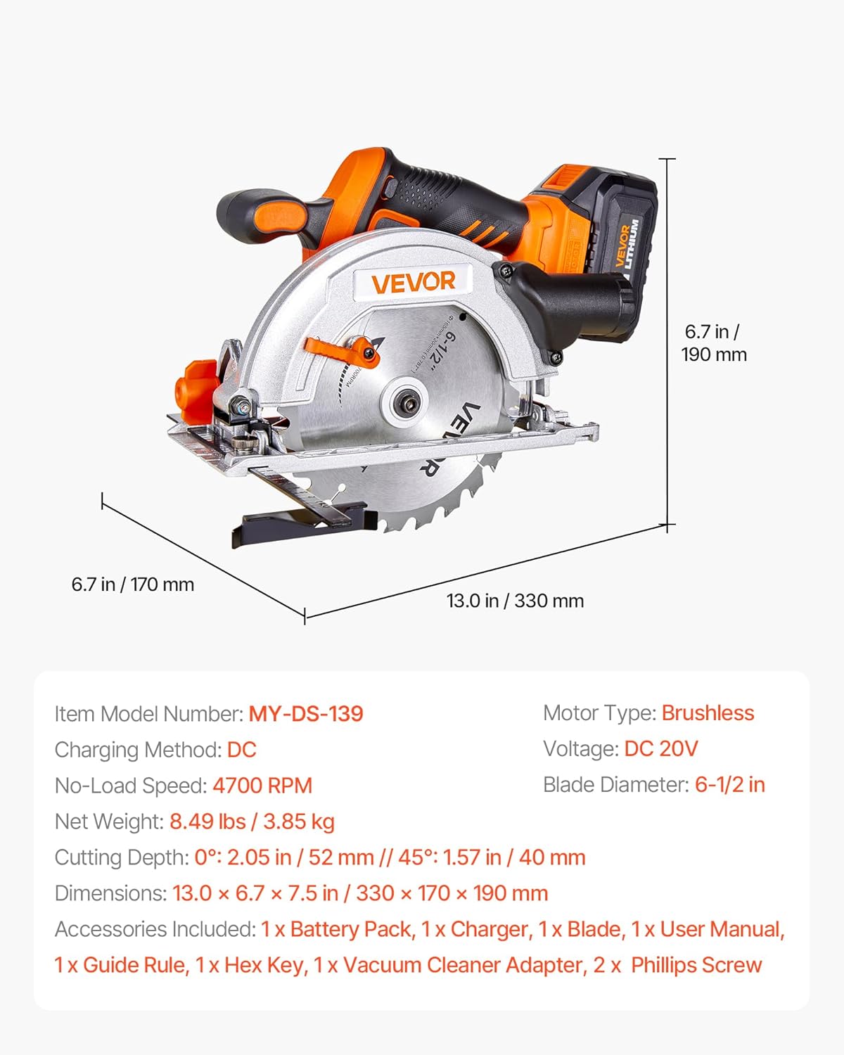 VEVOR 20V Cordless Circular Saw, 6-1/2" Brushless Circular Saw, 4700 RPM, 0-45 Degree Bevel Capability, LED Light, Electric Circular Saw Kit with Battery and Charger Included, for Wood Cutting