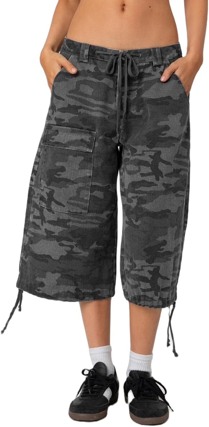 Women Baggy Cargo Jean Shorts Bermuda Drawstring Multi-Pockets Denim Shorts Straight Wide Leg Boyfrind Long Jorts