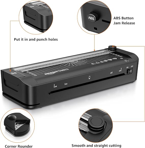 Amazon Basics 3 in 1 Thermal Laminating Machine, Cuts, Punches and Rounds Edges, A4 Size, 10 Bags Included, EU Plug, Black