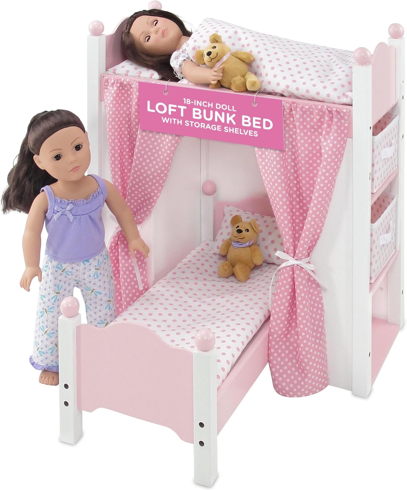 Emily Rose 18 Inch Doll Loft Bunk Bed Pink - Wooden Doll Bunkbed with Storage Shelves, Ladder, Removable Single Bed, 2 Polka Dot Bedding Sets & Curtains - Fits American Girl Dolls