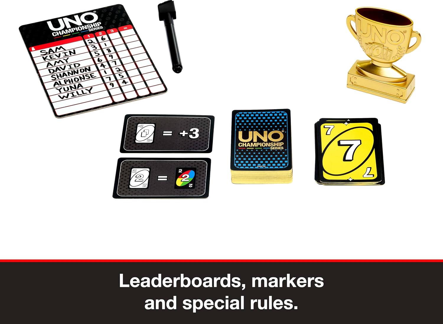 Mattel Games UNO Championship Series Tournament Set Card Game with Scoreboards, Erasable Markers & Trophy for Large Groups of 6 to 30 Players (Amazon Exclusive) image 4