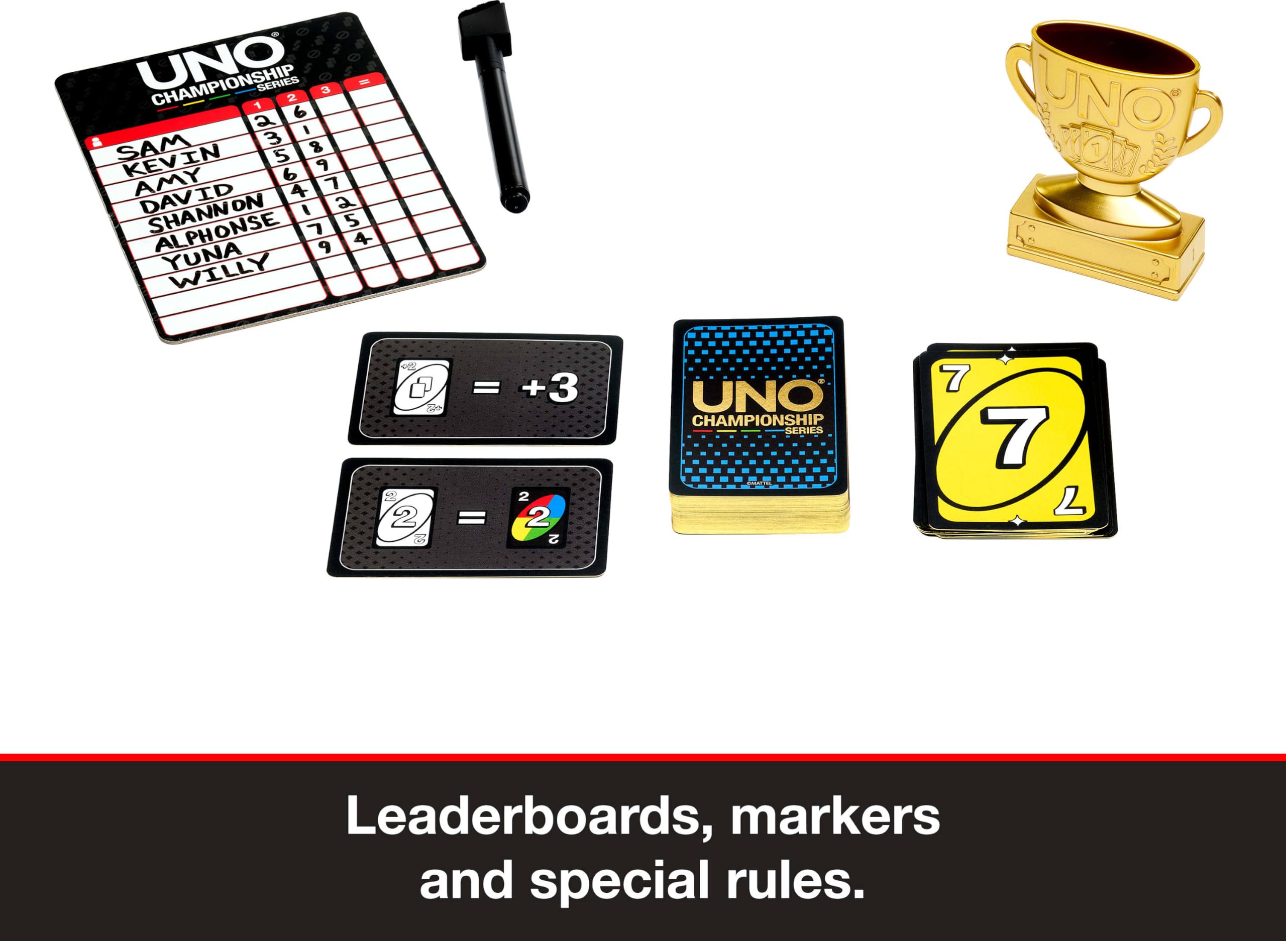 Mattel Games UNO Série Championnat Coffret Tournoi Étendu, 7 ans et plus | Tableaux, marqueurs et trophée pour groupes de 6 à 30, fêtes, réunions, soirées jeux, JNL27