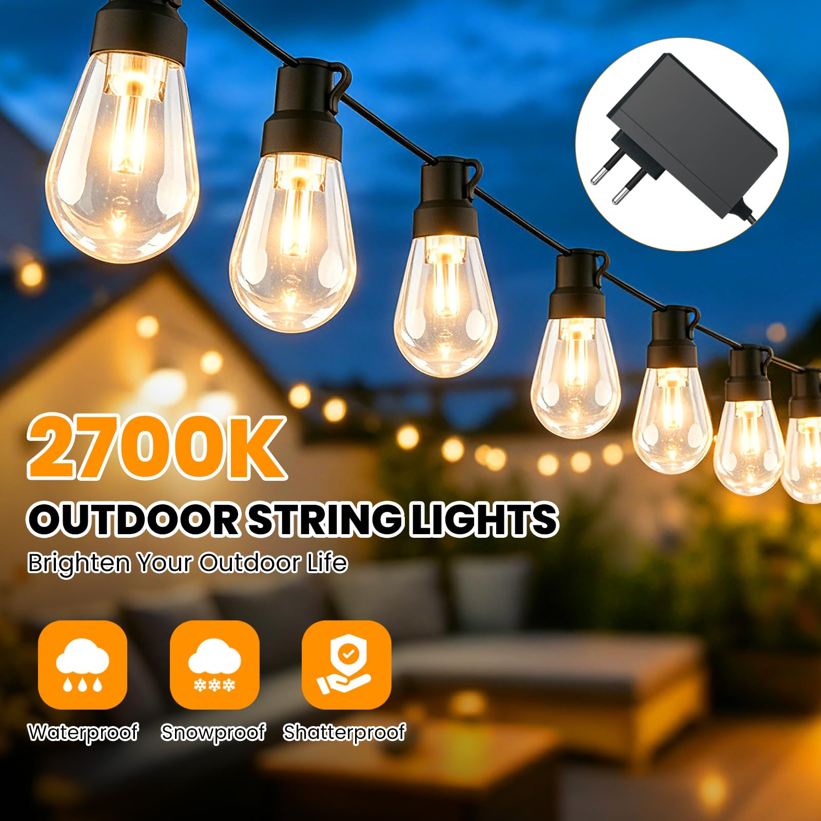 24V Tira LED para exteriores [50 LEDs/60M, blanco cálido], luz de jardín impermeable IP67, tira de bombilla esférica PC irrompible con gancho en S, decoración para hogar y jardín