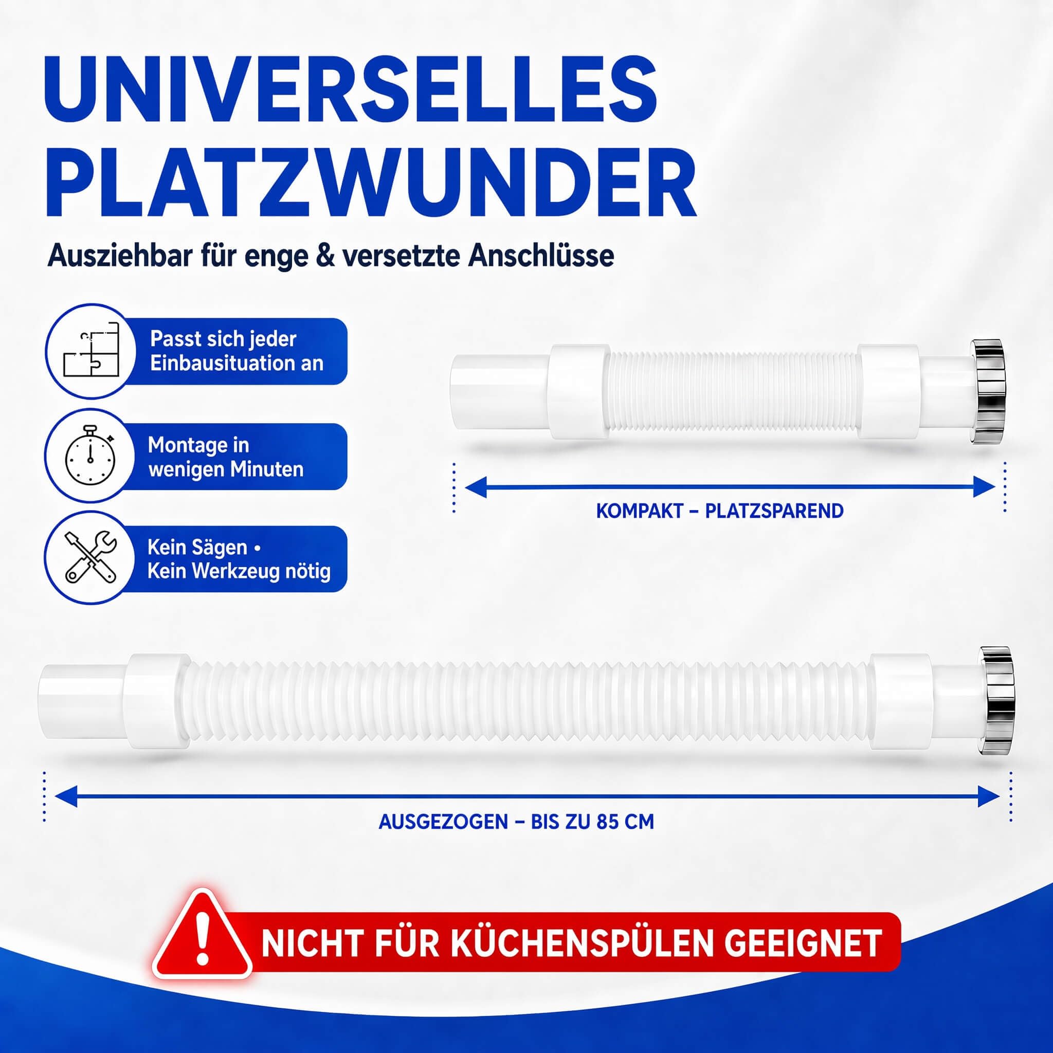 1x Siphon, SUPER KOMBI SET, 1 1/4" Sifon für Waschbecken, NICHT für Küchenspülen geeignet, flexibel ausziehbar von 30 bis 85cm, Röhrensiphon aus Kunststoff | Für Waschtisch