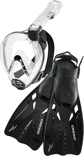 Adult Snorkeling Set - Full Face Mask, Wide Clear View, Anti-Fog System - Easy Breathing Safety First - Lightweight Adjustable Open Heel Fins -