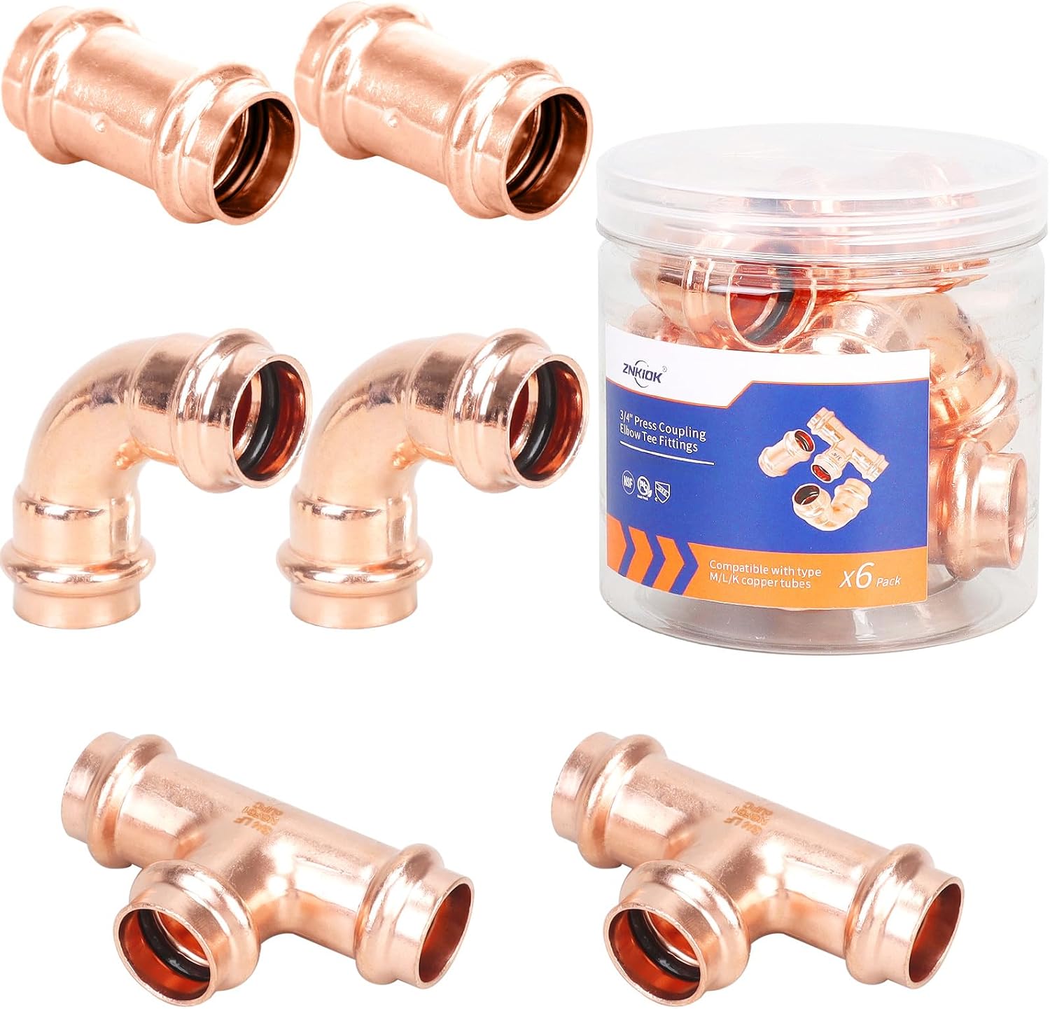 (Znkiok® 6 Pack Set)3/4" Copper Press Fittings Zero Lead,2 Each 3/4 Inch Press Coupling With Stop,Press 90 Degree Elbow,Press Tee,UPC,NSF/ANSI 61 Certified.