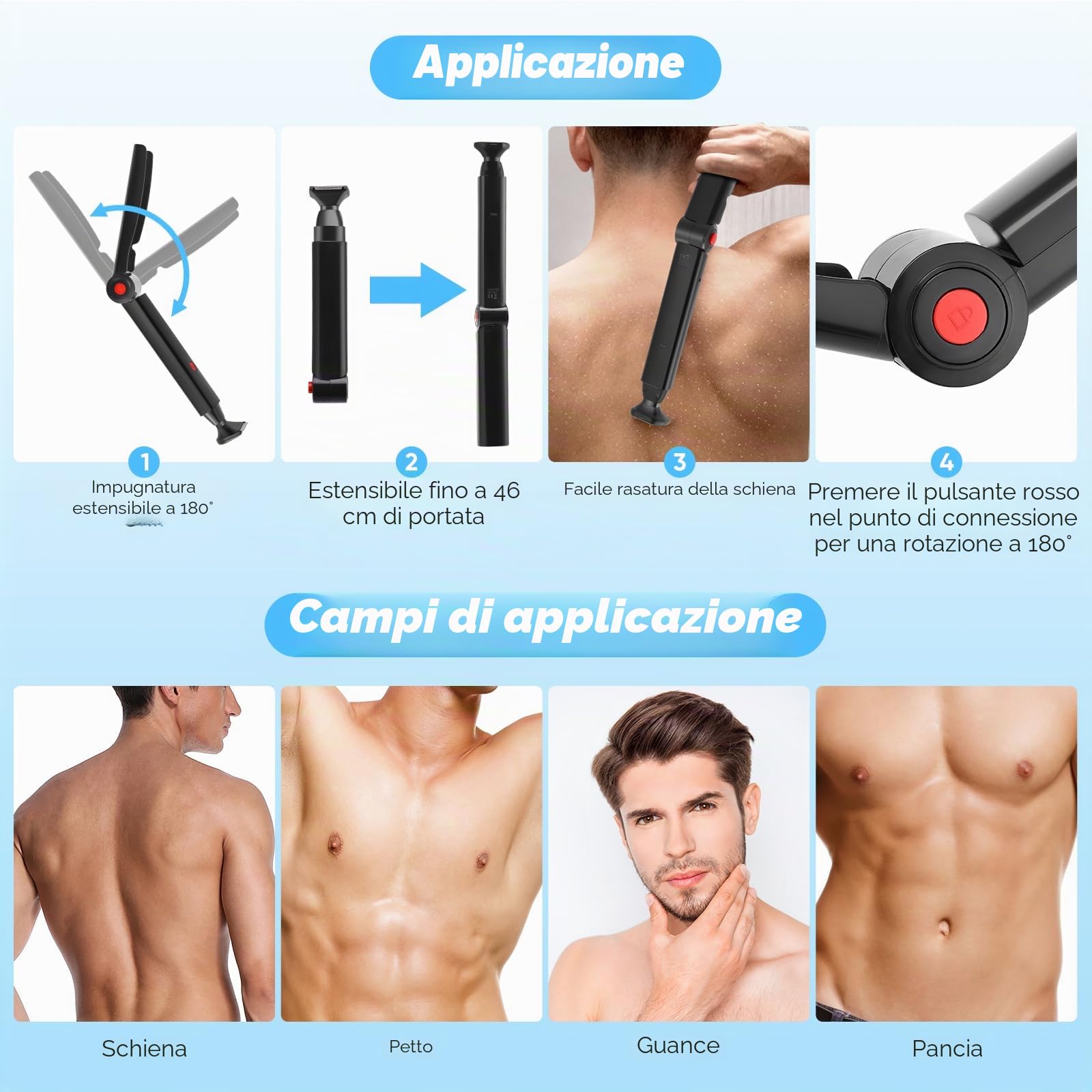 Rasoio elettrico per la schiena da uomo, con 2 testine di rasatura rimovibili e allungamento del braccio ergonomico, pieghevole, per la cura della schiena, del viso, del petto e delle spalle