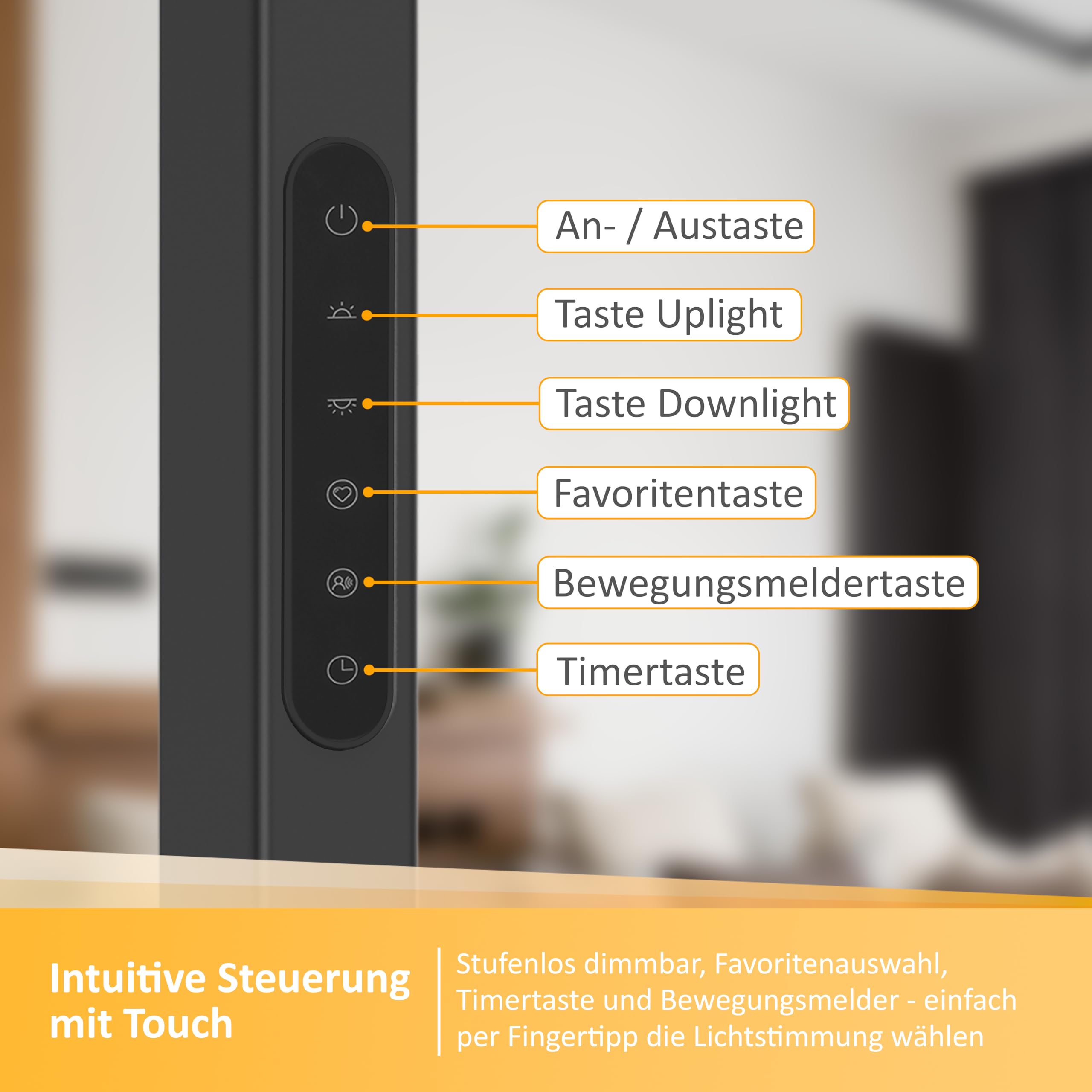 Northpoint LED Stehlampe 100W Büro-Standleuchte mit Bewegungsmelder & Touchsteuerung – 5800 Lumen, 4000K Tageslichtweiß, dimmbar, Favoritenmodus, Timer Büro- & Wohnzimmerlampe (schwarz)