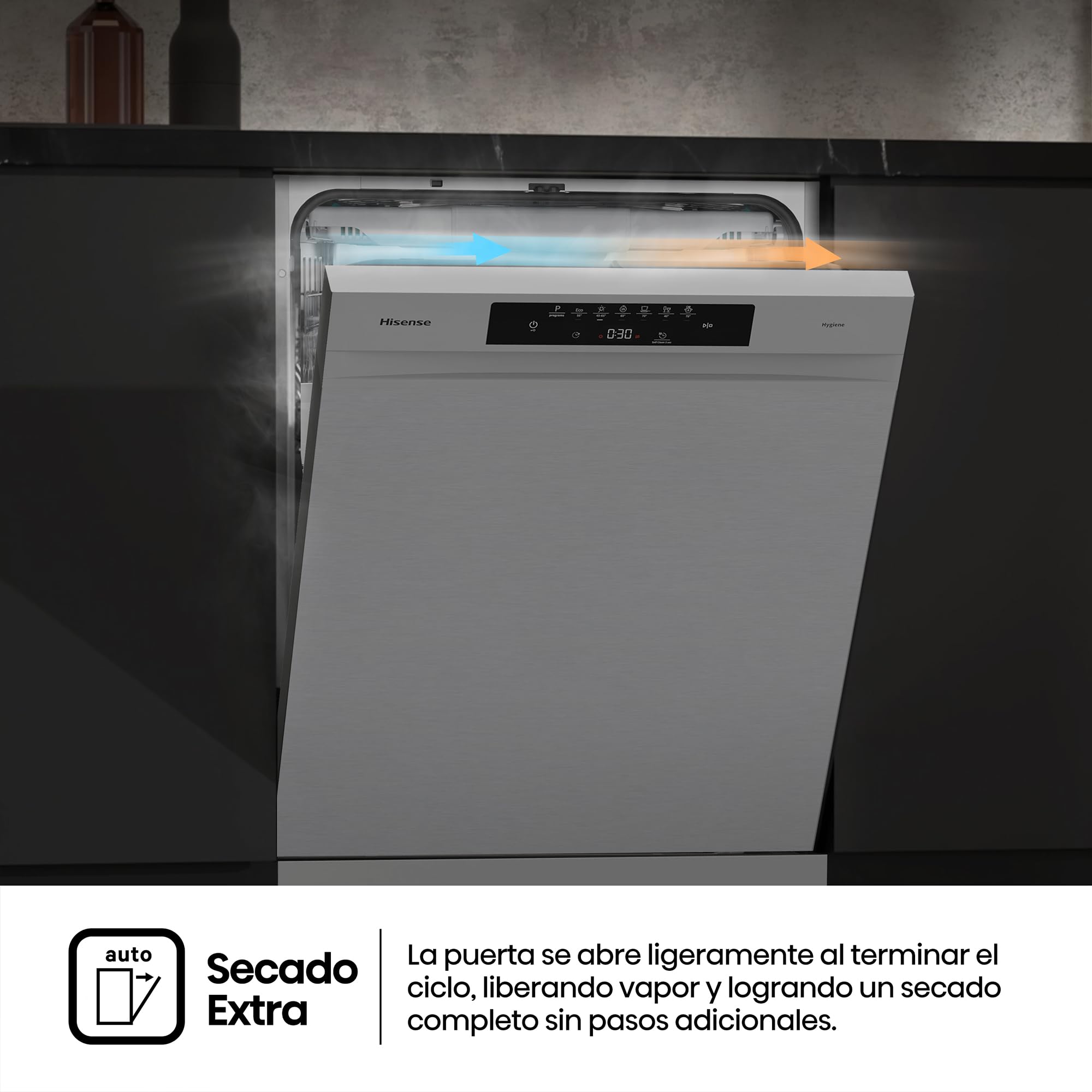 Hisense HS643B90X - Lavavajillas Clase B, 15 Servicios, Fondo 60cm, Secado Extra, Programa Automático, Tercera Bandeja, Programa Corto 1 hora, 15 Servicios, Aqua Protect System, Control Táctil, Inox
