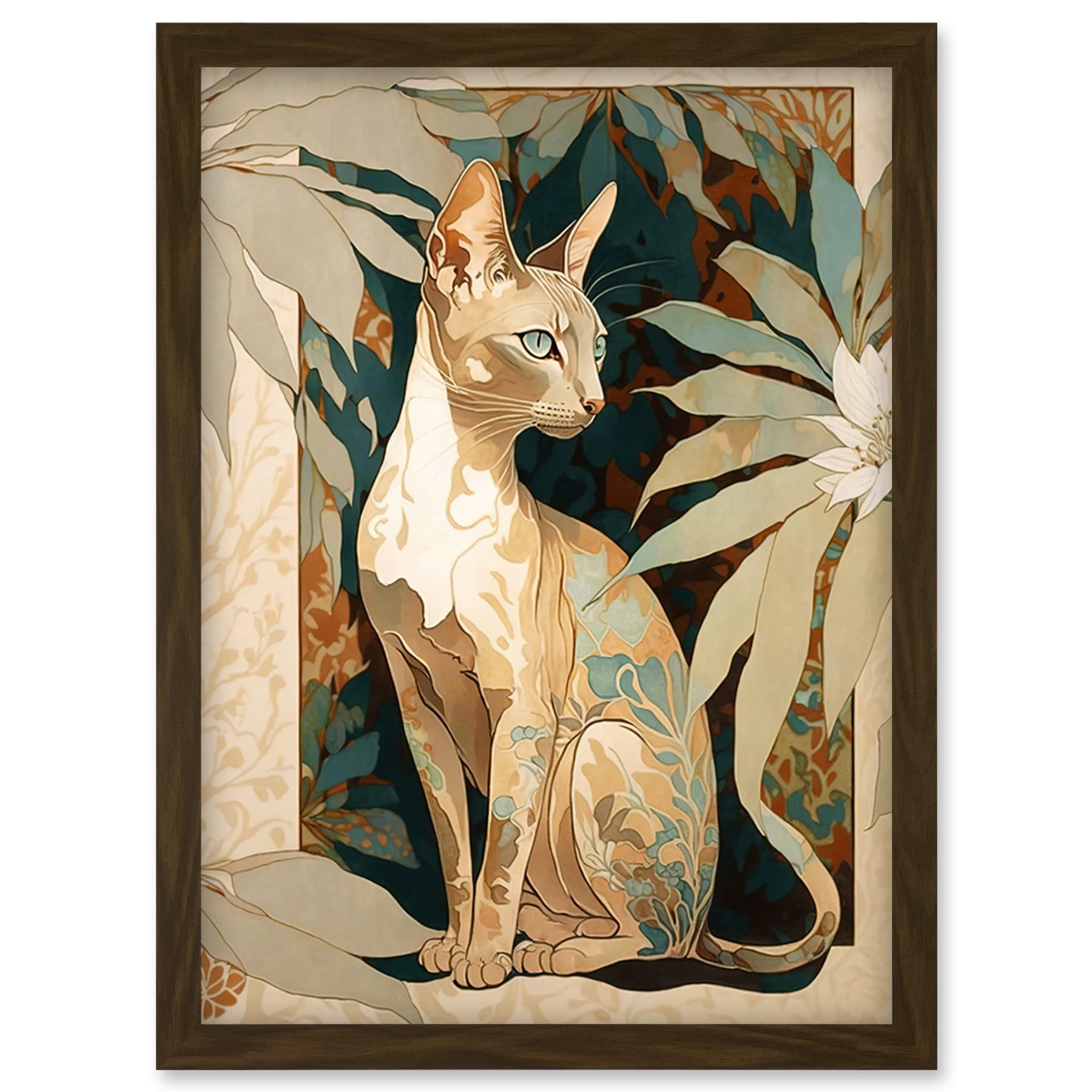 Artery8 Oriental Shorthair Cat Botanical Pattern Fur and Plants Modern Art Nouveau Watercolour Illustration Artwork Framed Wall Art Print A4
