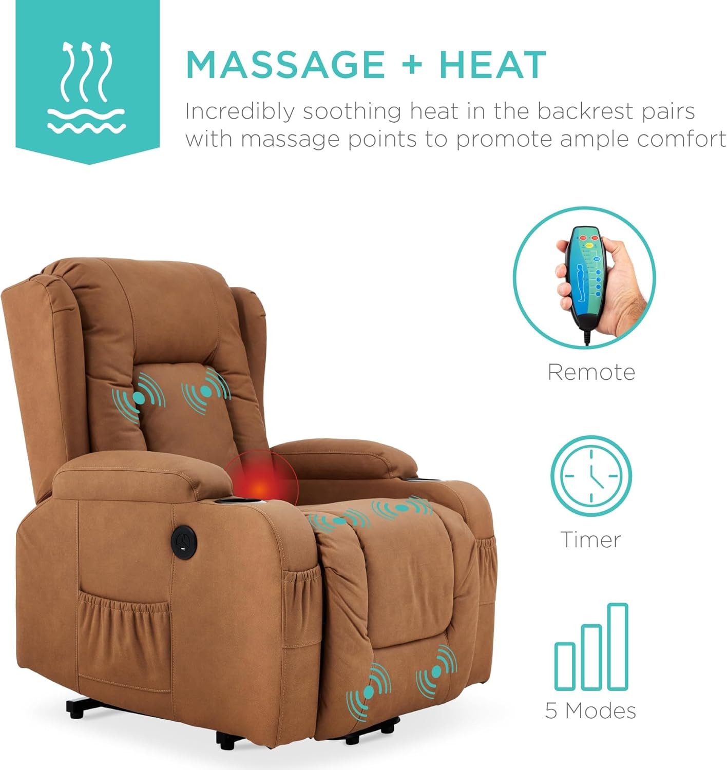 Electric Power Lift Recliner Chair with Massage and Heat, PU Leather Adjustable Lift Chairs for Elderly Living Room, 3-Position Massage for Back and Legs, USB Charging Port & Cup Holders