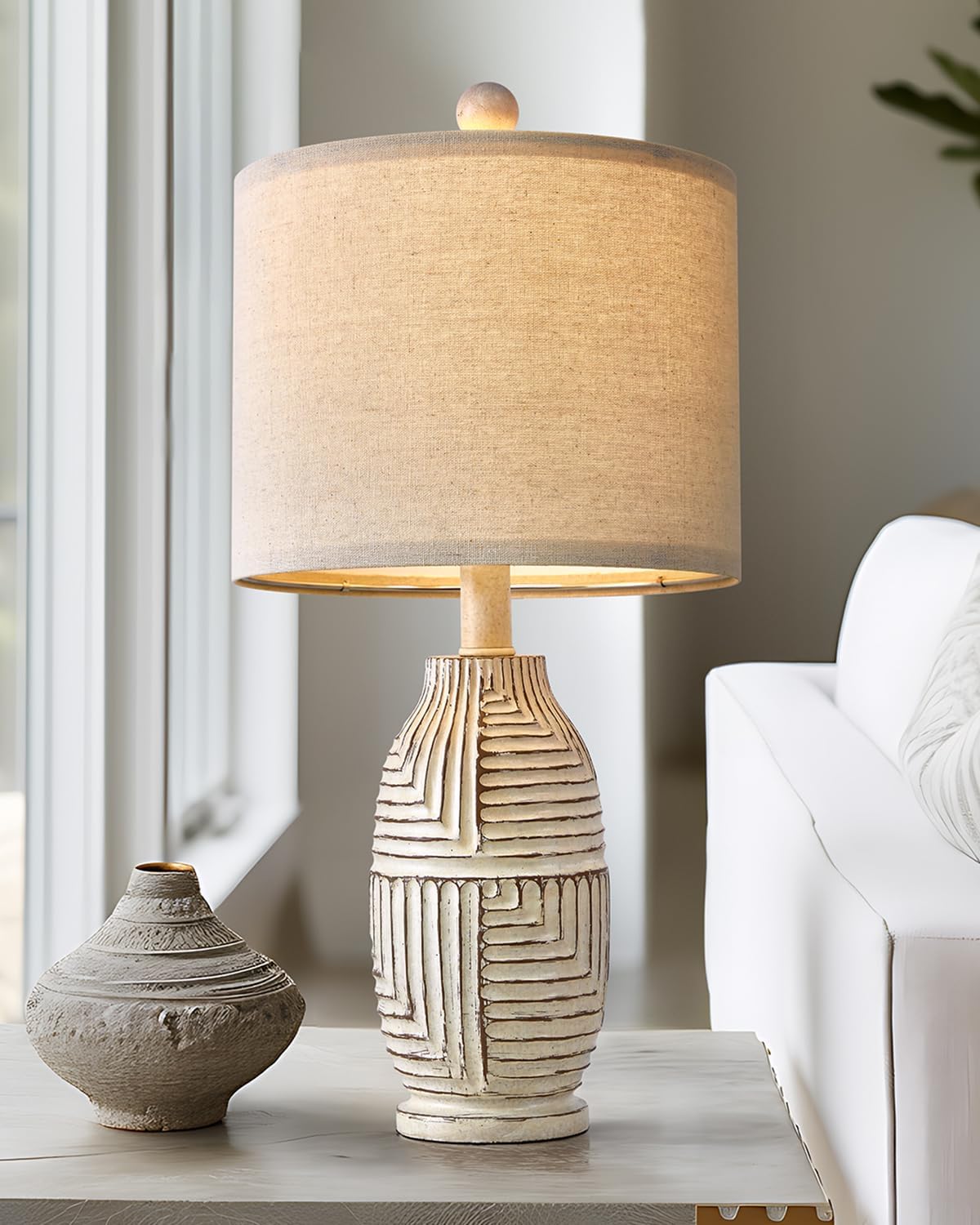 20.25 Farmhouse Single Resin Lamp for Bedroom Living Room Retro Rustic Vintage Small Boho Lamps Bedside Nightstand Light Home Office Desk Deco (White)