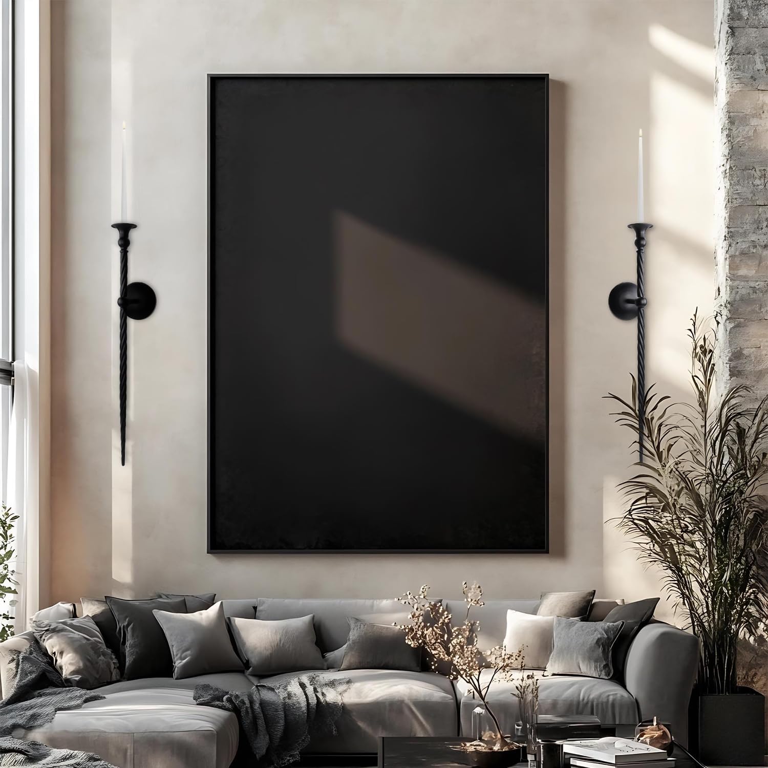 Black Metal Wall Candle Holder Set of 2, Large Wall Candle Sconces 23.6" Modern Decor for Bedroom, Dining Room, Living Room