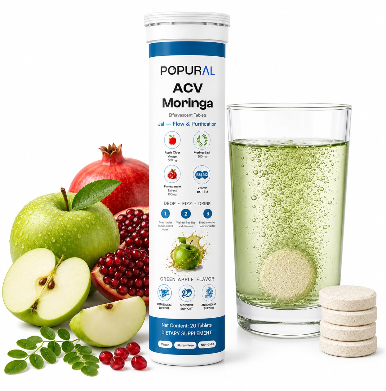 Apple Cider Vinegar Effervescent Tablets with Moringa, Green Apple