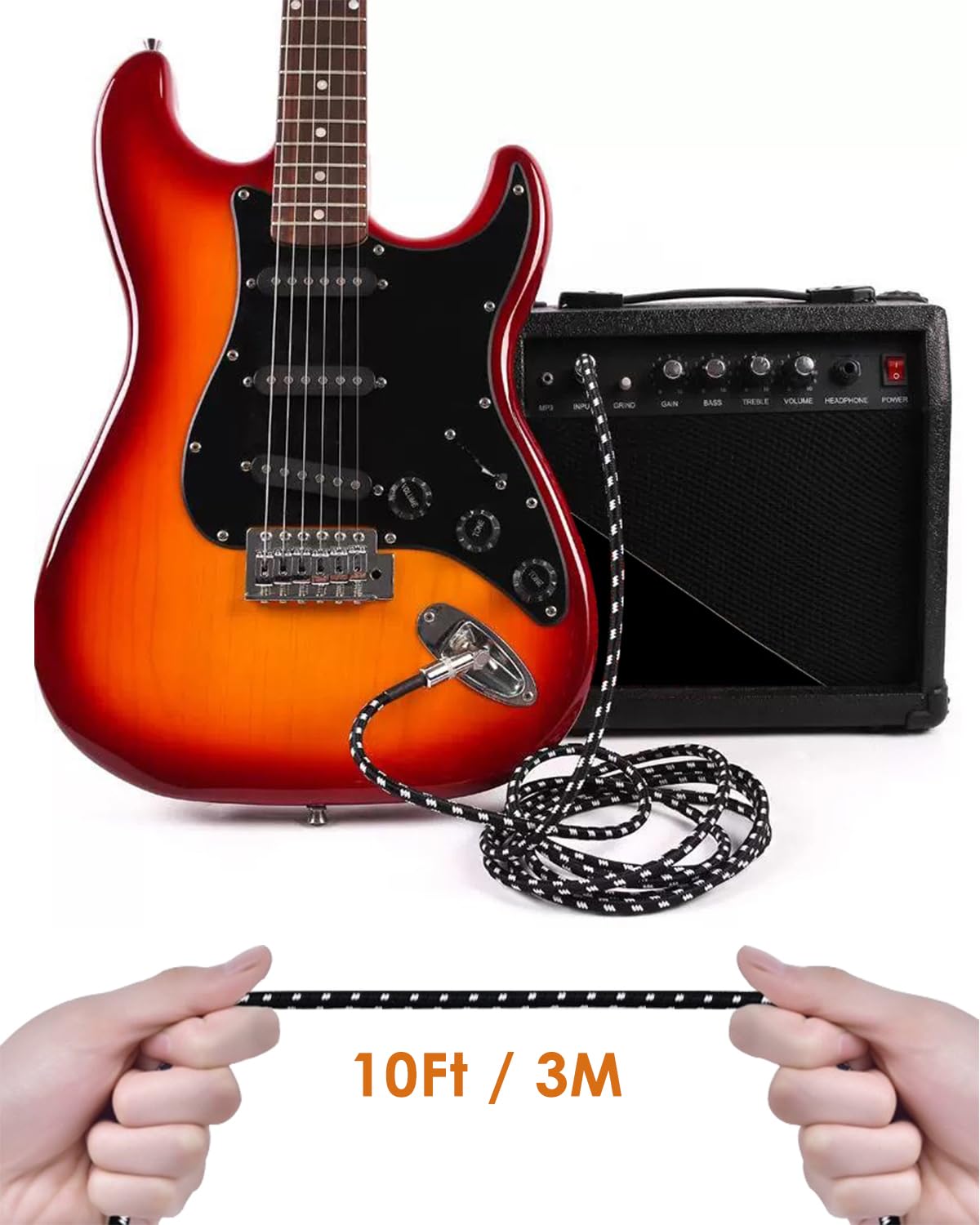 Câble Guitare 3 M Tressé Kevlar - Jack 6,35 Mm Droit/coudé - Noir & Bleu, Blindage Multicouche
