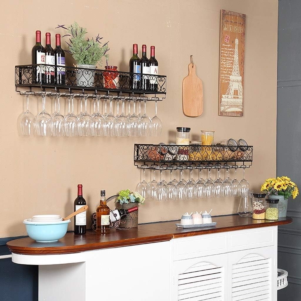 Rustic Wall Mounted Wine Rack - Vintage Metal Wine Bottle Holder & Stemware Organizer, Floating Bar Unit Shelves for Kitchen Storage (Black, 60x25cm)