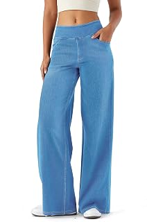 Jeans Damen Weites Bein Pull On Wide Leg Jeans mit Gummibund Stretch High Waist Jeanshosen Hohe Taille Denim Hose Damenjeans Fashion Baggy Pants Frauen mit Taschen Casual