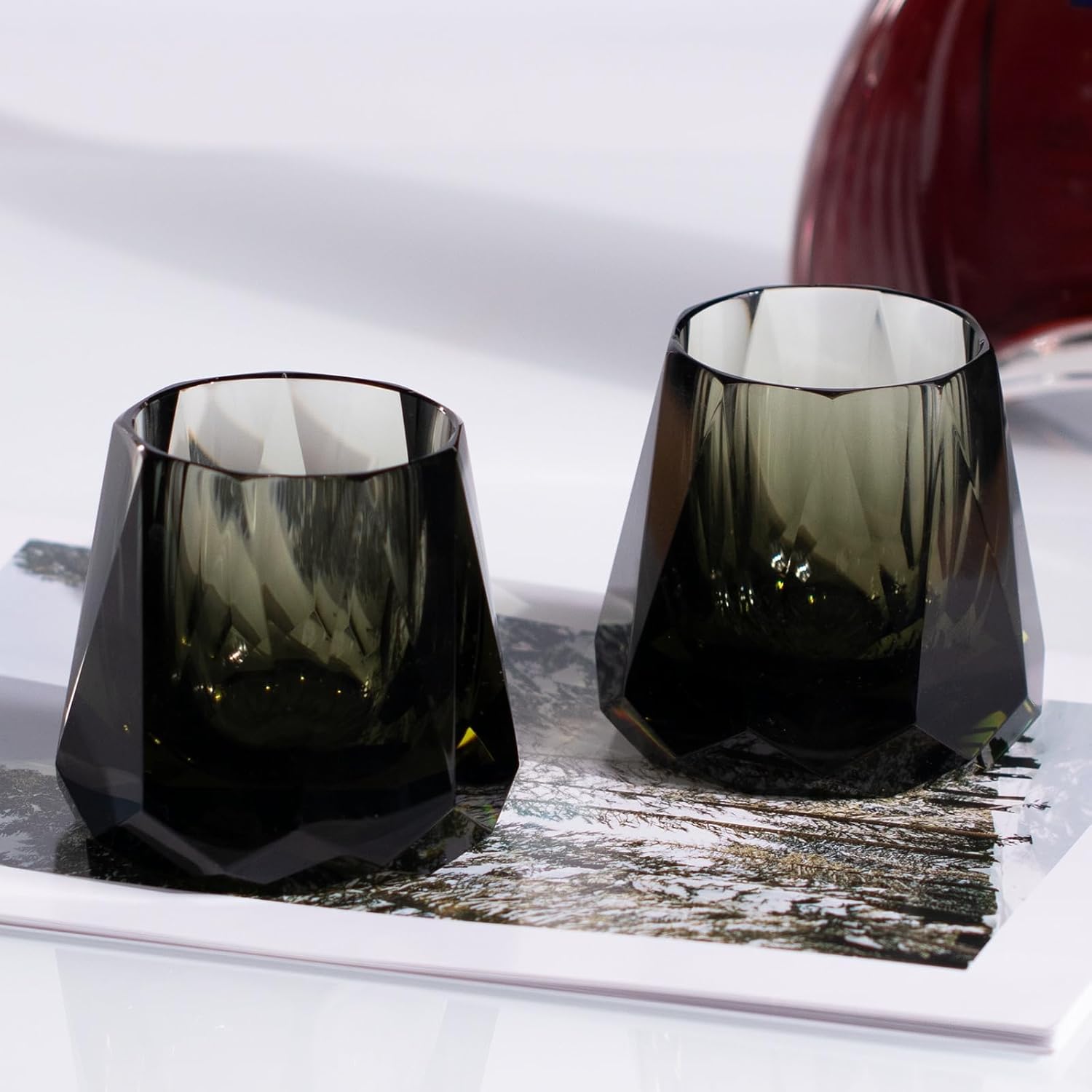 KAMMAK Crystal Whiskey Glasses Set of 2, 5.3oz Old Fashioned Glasses Stemless, Hand Blown Colored Cocktail Glasses, Engagement Gifts for Couples, Women, Men