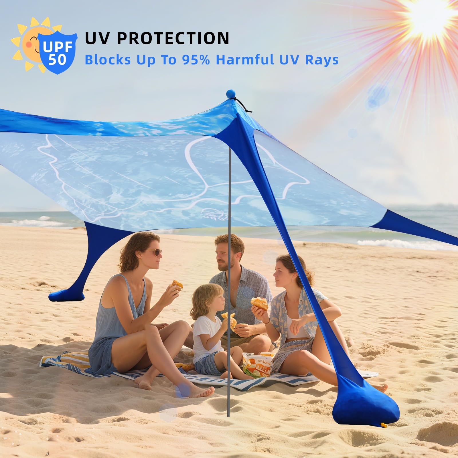 Namiot plażowy Pop Up 160 x 200 cm, nadruk 3D, mały, ochrona przed słońcem, UPF50, namioty z lycry, na podwórko, plażę, kemping, muszle plażowe z drążkami stabilności, kolor niebieski muszla