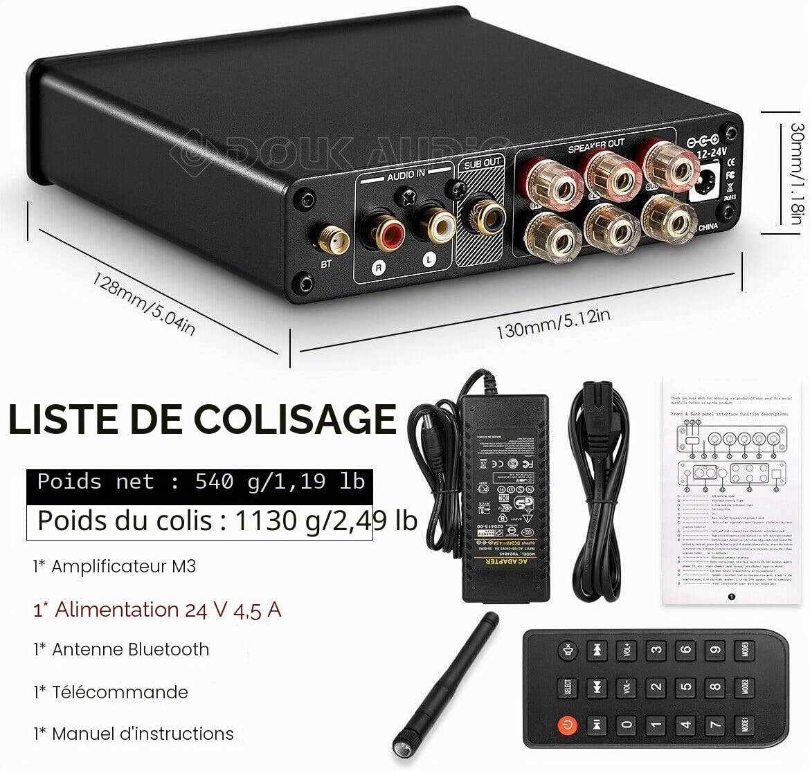 Douk Audio M3 Amplificateur audio stéréo Bluetooth 5.0 2.1 canaux Mini amplificateur Hi-Fi Classe D avec 50 W x 2 + 100 W pour la maison et l'extérieur Haut-parleur passif et caisson de basses actif