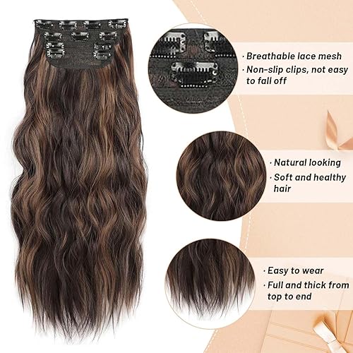 Miniatura 3 de Extensiones de cabello sintético con reflejos, 24 pulgadas, color marrón oscuro, extensiones de cabello sintético largo y ondulado con clip,