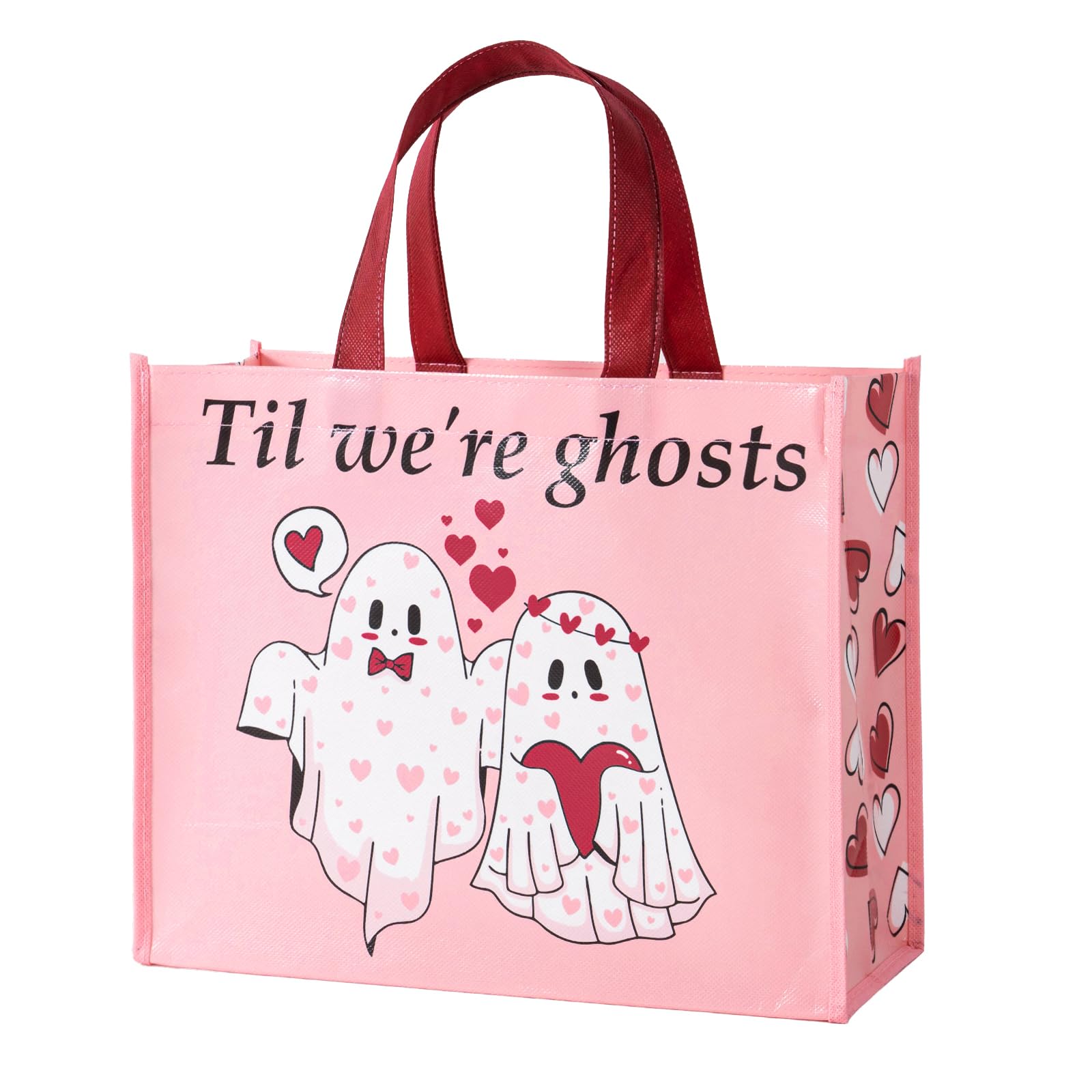 WRAPAHOLIC 13" Large Reusable Ghost Valentine's Day Gift Bag with Handles - Pink Ghost Lover Gift Bag for Valentine's Day, Wedding and Anniversary