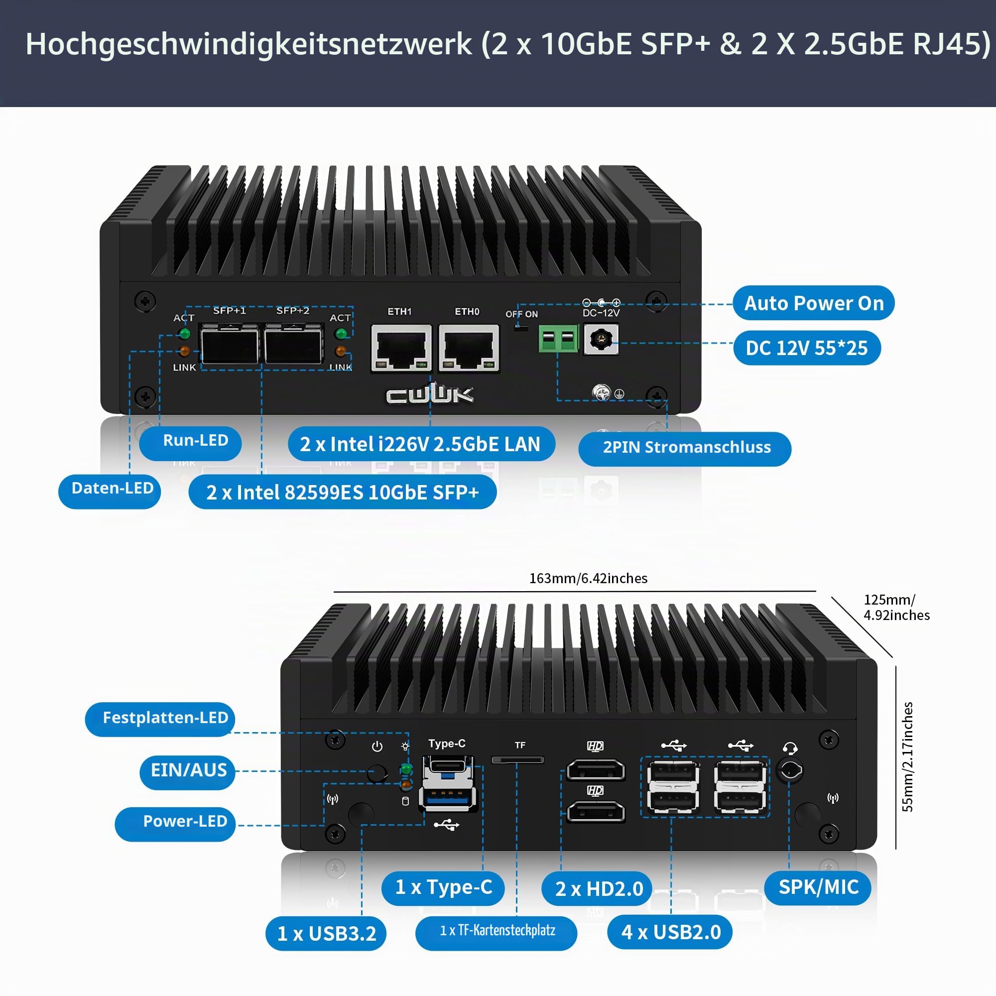 CWWK S8 N150 Mini PC (Upgraded N100) Firewall Appliance, 2X 10GbE SFP+ Mini Computer with 2 x i226-V 2.5GbE LAN, OPNsense Micro PC Barebone DDR5 NO RAM/SSD/OS, USB-C, TF, 2-Display