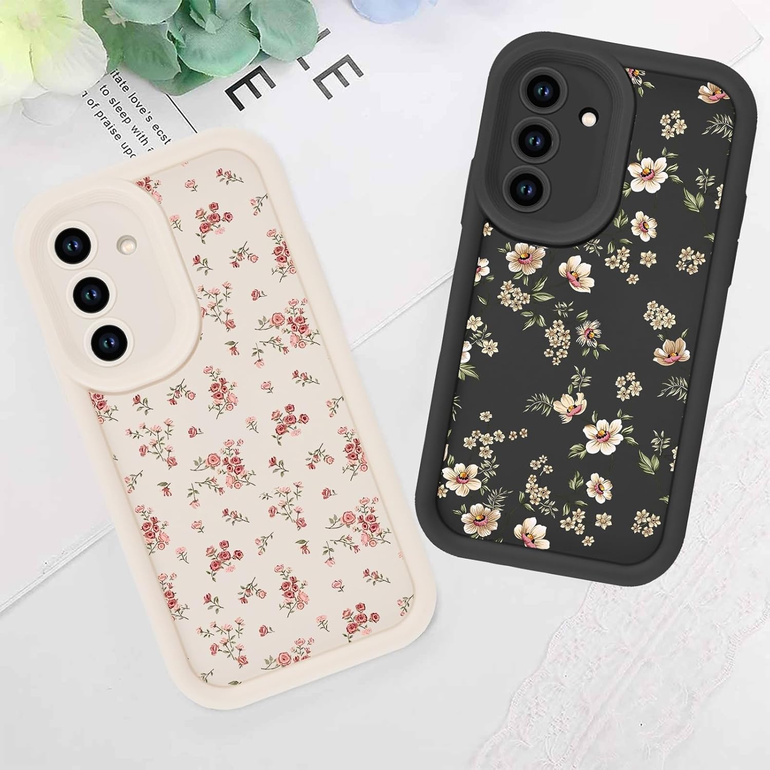 2 Pack Flower Phone Case for Samsung Galaxy S25 5G,Cute Floral Print Cases Unique Plant Design Pattern for Women Girls Teens,Soft TPU Shockproof Protective Cover for Samsung S25,Beige Black - Image 7