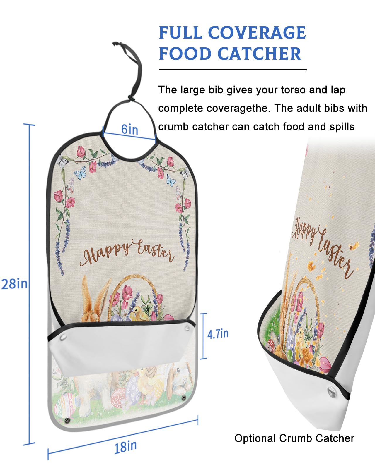 Spring Easter Adult Bibs for Eating, Waterproof Bibs with Food Catcher & Adjustable Snap Closure, Bunny Colorful Eggs Floral Easter Basket Linen Texture Clothing Protectors Adult Bibs for Elderly